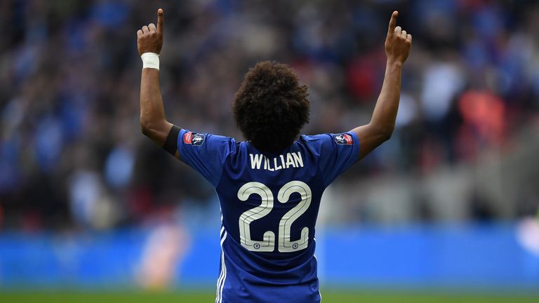 LONDON, ENGLAND - APRIL 22:  Willian of Chelsea celebrates after he  scores his sides second goal  during The Emirates FA Cup Semi-Final between Chelsea an
