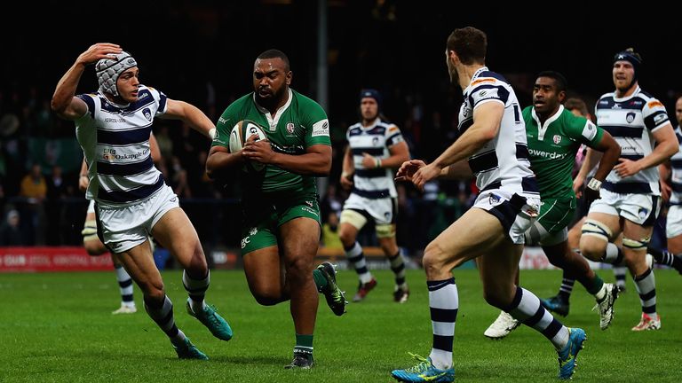 Danny Hobbs-Awoyemi of London Irish breaks clear to score a try during the first leg at Headingley