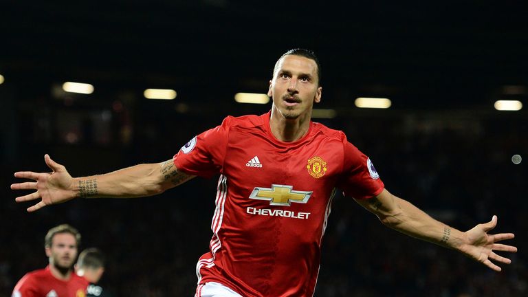 Zlatan Ibrahimovic celebrates after scoring from the penalty spot against Southampton at Old Trafford