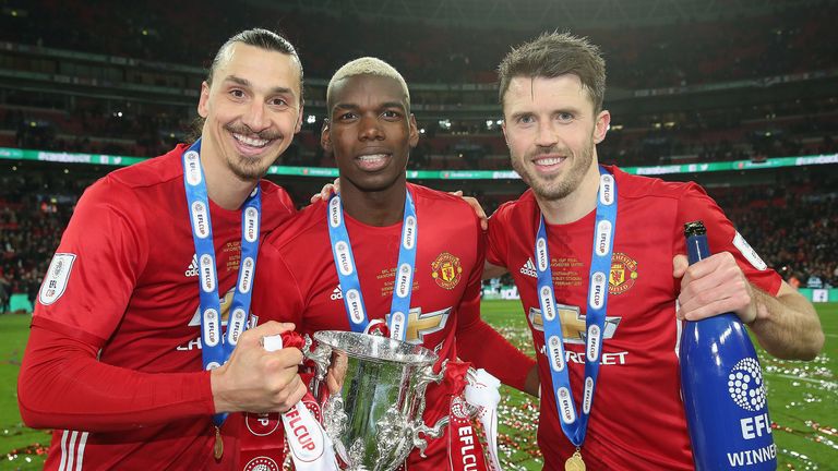 Zlatan Ibrahimovic and Paul Pogba celebrate after defeating Southampton in the EFL Cup Final 