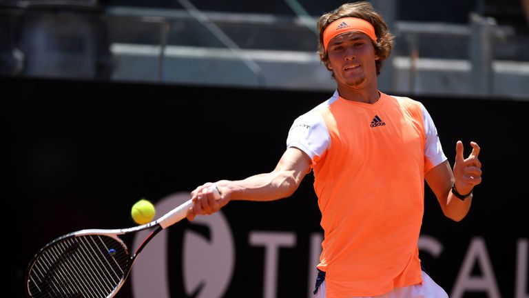 ROME, ITALY - MAY 18:  Alexander Zverev of Germany plays a shot during his 3rd round match against Fabio Fognini of Italy in The Internazionali BNL d'Itali
