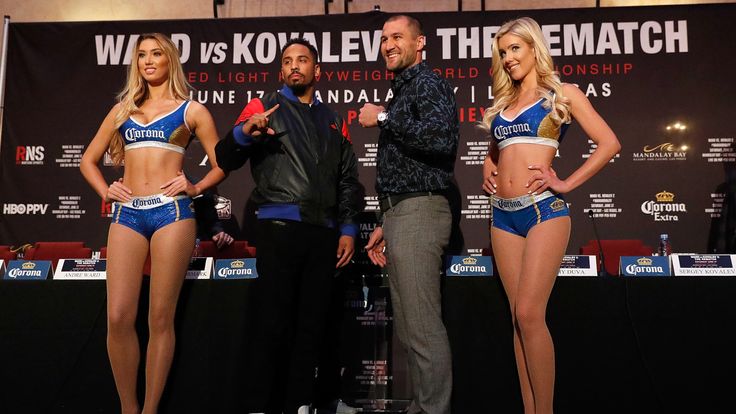 Andre Ward and Sergey Kovalev faceoff at the end of the press conference at the Roosevelt Ballroom on April 12, 2017