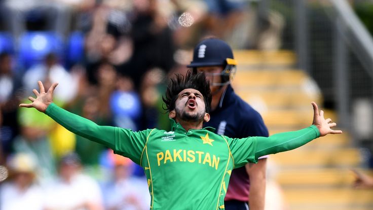 Hassan Ali celebrates after dismissing England captain Eoin Morgan