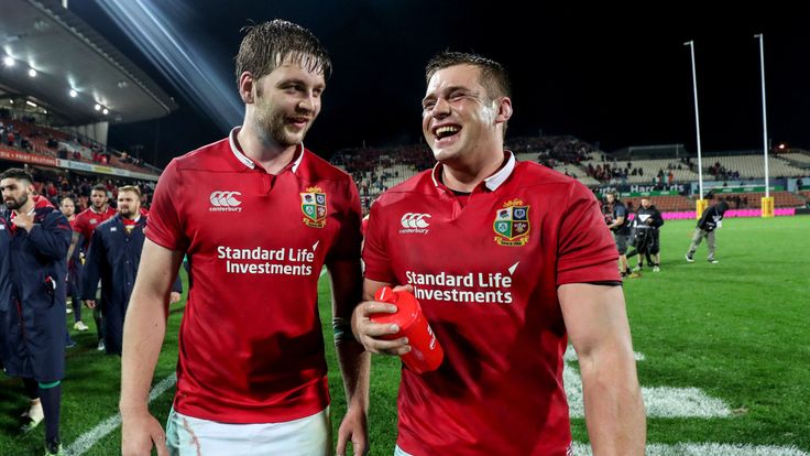 Iain Henderson and CJ Stander celebrate after the Lions' win over the Chiefs