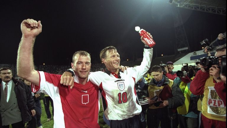 May 1997:  Alan Shearer (left) and Teddy Sheringham of England celebrate the win in the World Cup Qualifier against Poland at Chorzow Stadium in Katowice