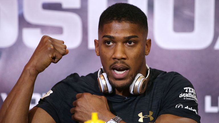 Britain's Anthony Joshua speaks during a joint press conference with Ukraine's Wladimir Klitschko at Sky broadcasting headquarters in west London on April 