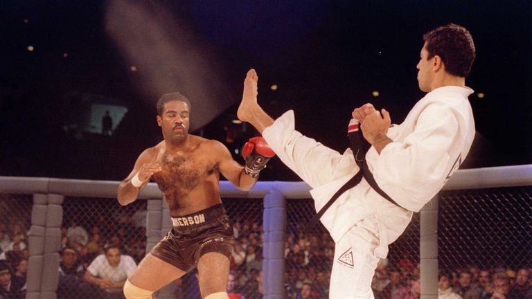 Jiu-Jitsu black belt Royce Gracie kicks at cruiserweight boxer Art Jimmerson during a 1st round match in the Ultimate Fighter Championships in Denver, Colo