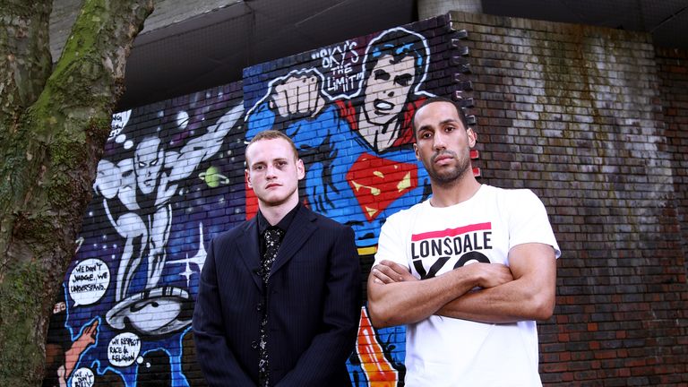 LONDON, ENGLAND - MAY 05: James DeGale (R) and George Groves (L) at after their Press Conference held at Dale Youth Boxing Club in Granfell Tower on May 5,