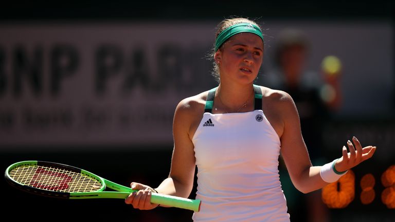 PARIS, FRANCE - JUNE 10:  Jelena Ostapenko of Latvia reacts during the ladies singles final against Simona Halep of Romania on day fourteen of the 2017 Fre