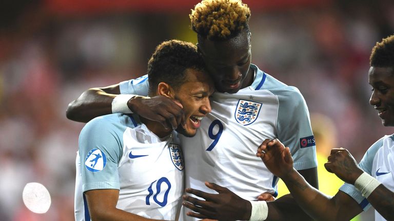 England's Lewis Baker celebrates with Tammy Abraham after scoring against Poland in the European Under-21 Championships.
