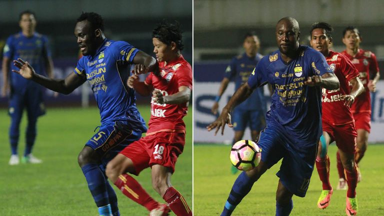 This combo photograph created on April 18, 2017 shows Bandung soccer club players Michael Essien (L) and Carlton Cole (R) during a Liga 1 football match at