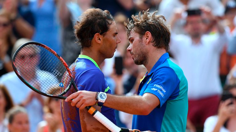 Spain's Rafael Nadal and Switzerland's Stanislas Wawrinka (R) congratulate each other after the men's final tennis match at the Roland Garros 2017 French O
