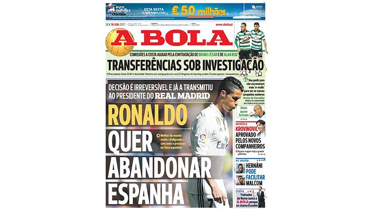 Front page of Portuguese sports newspaper A Bola leads with reports of Cristiano Ronaldo leaving Real Madrid (A Bola)