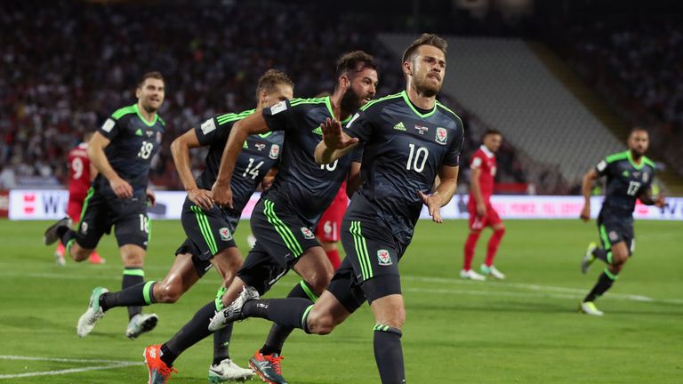 Wales' Aaron Ramsey (right) celebrates scoring a goal from a penalty during the 2018 FIFA World Cup Qualifying, Group D match v Serbia