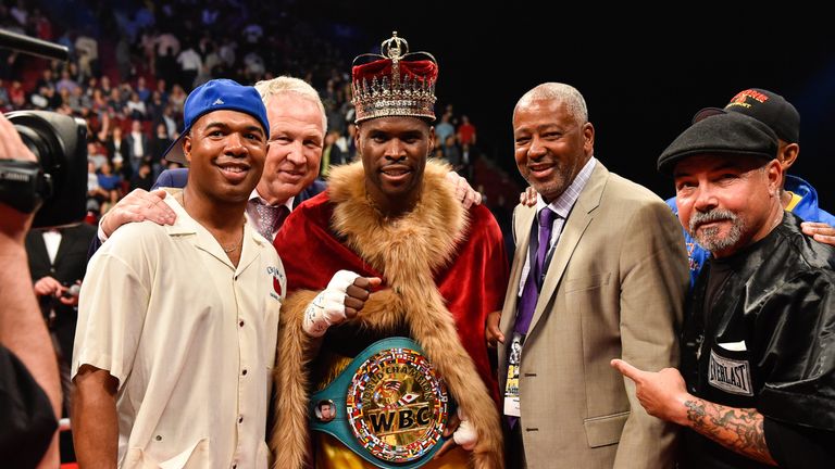 MONTREAL, QC - JUNE 03:  Adonis Stevenson poses for photos with his trainer SugarHill Steward (left) and Sam Watson (right) during the WBC light heavyweigh