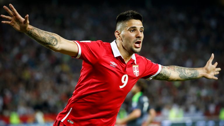 Aleksandar Mitrovic of Serbia celebrates scoring the goal during the FIFA 2018 World Cup Qualifier between Serbia and Wales 