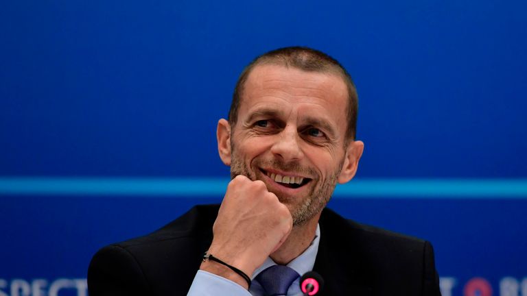UEFA president Aleksander Ceferin talks during a press conference following a meeting of the UEFA Executive Committee in Cardiff, south Wales, on June 1, 2