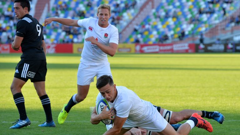 TBILISI, GEORGIA - JUNE 18: Alex Mitchell of England scores a try during the World Rugby U20 Championship Final between England and New Zealand at Mikheil 