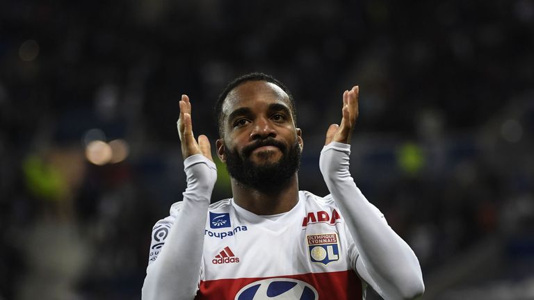 Lyon's French forward Alexandre Lacazette reacts after scoring during the French L1 football match between Lyon (OL) and Nice (OGCN) on May 20, 2017, at th