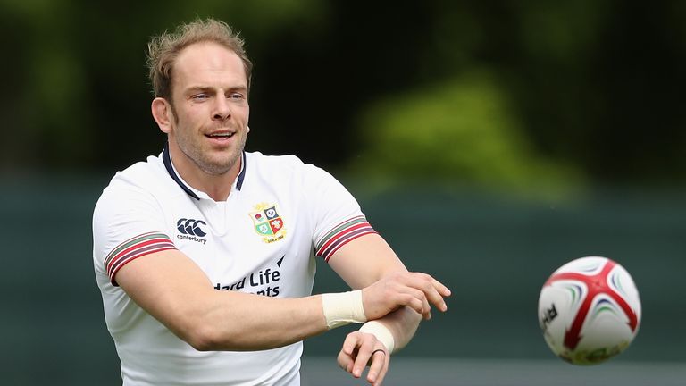 MAYNOOTH, IRELAND - MAY 22:  Alun Wyn Jones passes the ball during the British and Irish Lions training session held at Carton House Golf Club on May 22, 2