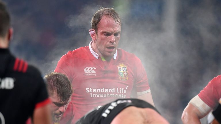 Lions' captain Alun Wyn Jones looks down at the scrum during the rugby union match between the Crusaders and the British and Irish Lions