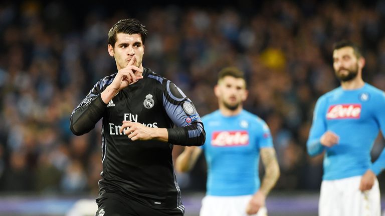 Alvaro Morata celebrates after scoring against Napoli during the Champions League Round-of-16 match