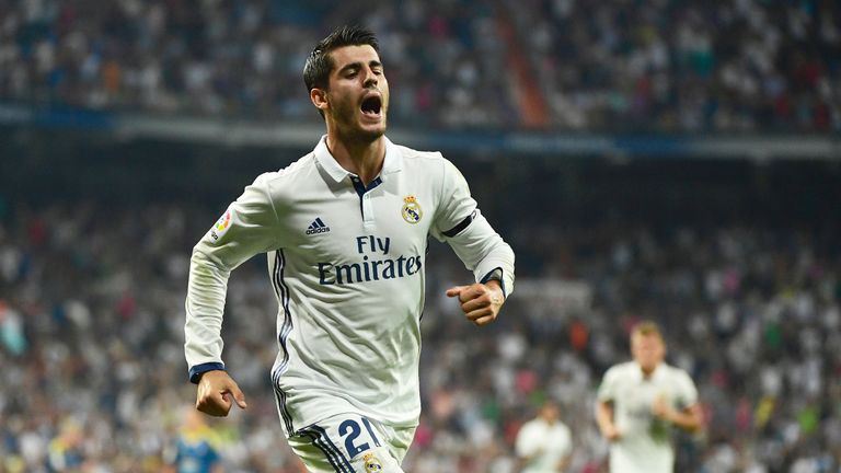 Alvaro Morata celebrates after scoring during a La Liga match against Celta Vigo on August 27, 2016