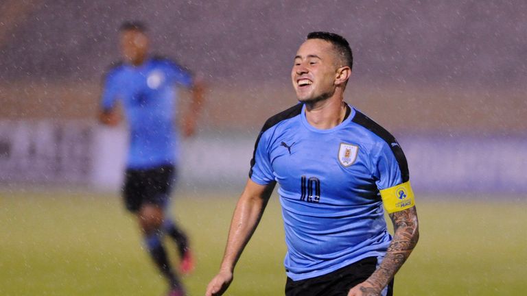 Uruguay's player Rodrigo Amaral celebrates his goal against Brazil during their South American Championship U-20 football match in the Olimpico Atahualpa s