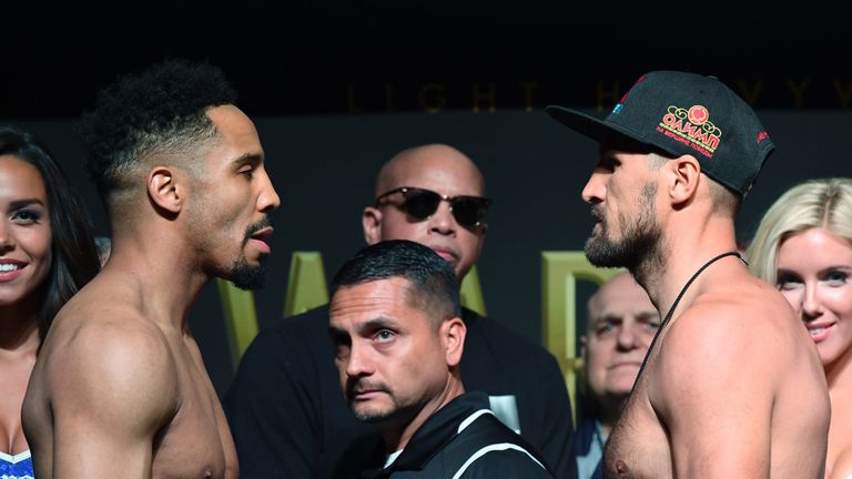 LAS VEGAS, NV - JUNE 16:  WBA/IBF/WBO light heavyweight champion Andre Ward (L) and former champion Sergey Kovalev face off during their official weigh-in 