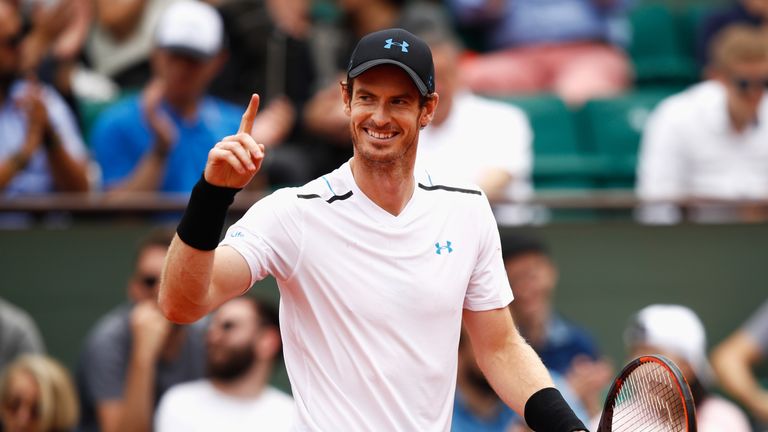 PARIS, FRANCE - JUNE 03:  Andy Murray of Great Britain smiles in his men's singles third round match against Juan Martin Del Potro of Argentina during day 