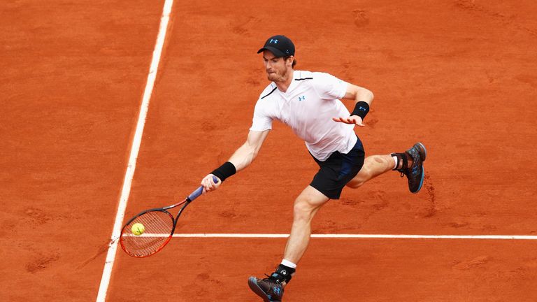 PARIS, FRANCE - JUNE 03:  Andy Murray of Great Britain plays a forehand in his men's singles third round match against Juan Martin Del Potro of Argentina d