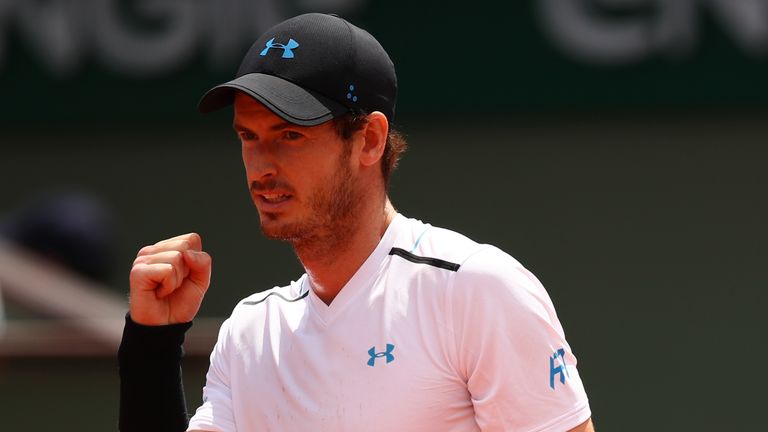 PARIS, FRANCE - JUNE 05:  Andy Murray of Great Britain celebrates winning the second set during the men's singles fourth round  match against Karen Khachan