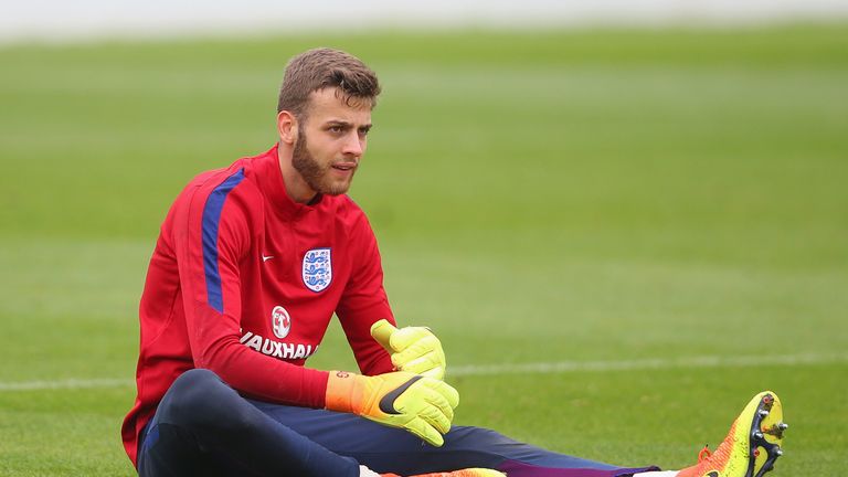 BURTON-UPON-TRENT, ENGLAND - SEPTEMBER 05:  Angus Gunn of England U21's looks on during a training session at St Georges Park on September 5, 2016 in Burto