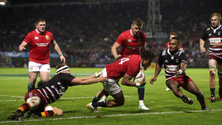 British and Irish Lions' Anthony Watson dives in to score his sides first try during the tour match at the Toll Stadium, Whangarei, New Zealand.
