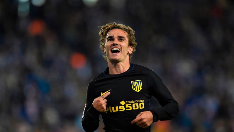 Atletico Madrid's French forward Antoine Griezmann celebrates after scoring a goal during the Spanish league football match RCD Espanyol vs Club Atletico