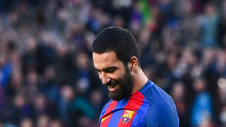 Arda Turan of FC Barcelona celebrates after scoring his team's fourth