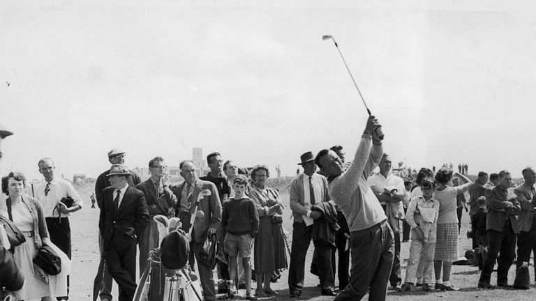13th July 1961:  American golfer Arnold Palmer takes a practise swing before the British Open Golf Championships at Royal Birkdale.  (Photo by Keystone/Get