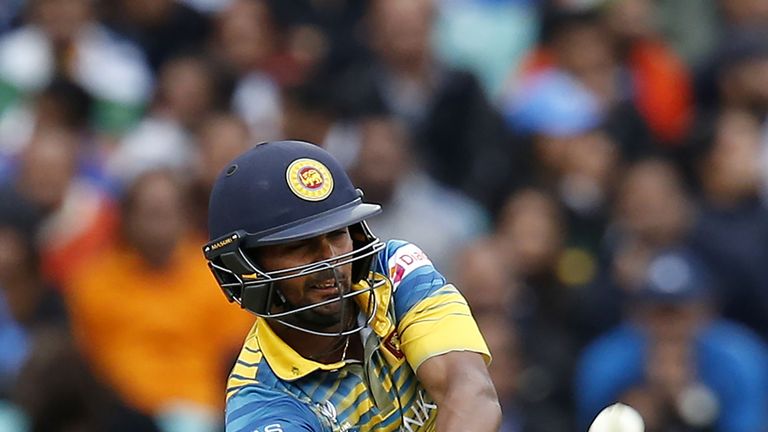 Asela Gunaratne hits a six during the ICC Champions Trophy match between India and Sri Lanka at The Oval