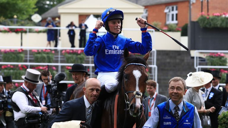 Jockey Kieran Shoemark celebrates after this winning ride on Atty Persse in the King George V Stakes during day three of Royal Ascot at Ascot Racecourse. P