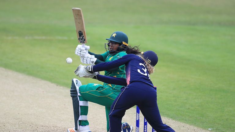 Pakistan's Ayesha Zafar bats during the ICC Women's World Cup match against England at Grace Road