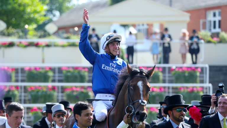 Jockey James Doyle celebrates winning the St James's Palace Stakes with Barney Roy during day one of Royal Ascot at Ascot Racecourse.