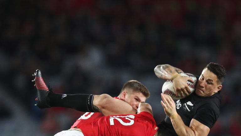 Ben Te'o of the Lions tackles Sonny Bill Williams of the All Blacks during the first test match between the New Zealand Al