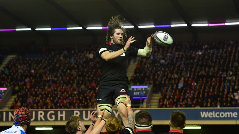 Ben Toolis of Edinburgh Rugby catches the ball from a line out during the European Rugby Challenge Cup Semi Final 