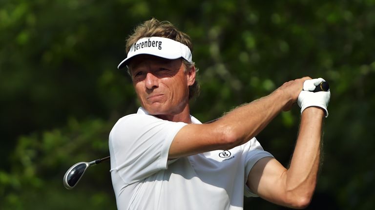 PEABODY, MA - JUNE 30:  Bernhard Langer of Germany hits his tee shot on the 11th hole during the second round of the 2017 U.S. Senior Open Championship at 