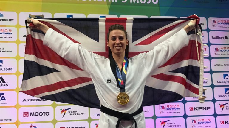 Britain's Bianca Walkden celebrates with gold medal at World Taekwondo Championships in South Korea