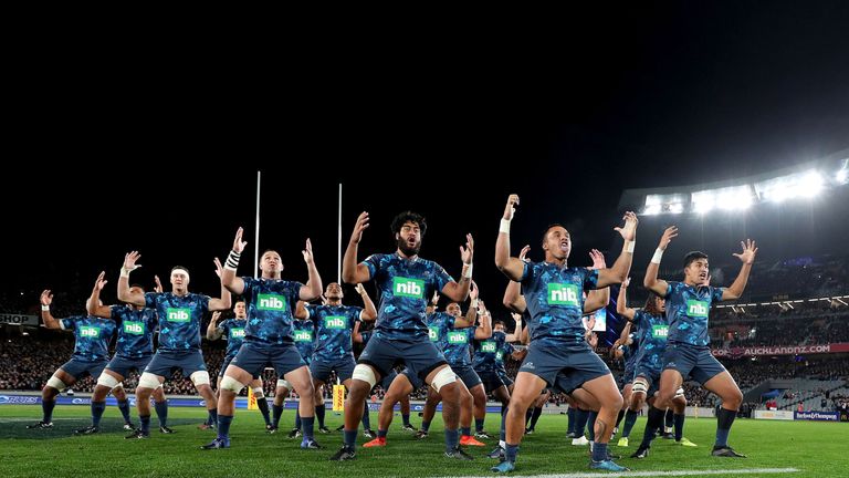 The Blues perform a haka before the game against the Lions