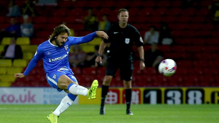 WATFORD, ENGLAND - AUGUST 23: Bradley Dack of Gillingham misses a penalty during the EFL Cup match between Watford and Gillingham at Vicarage Road on Augus