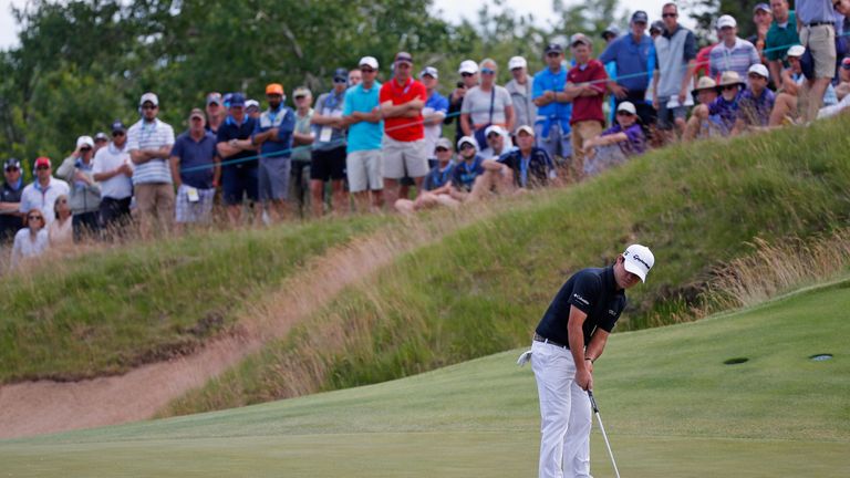 HARTFORD, WI - JUNE 18:  Brian Harman of the United States putts on the second green during the final round of the 2017 U.S. Open at Erin Hills on June 18,