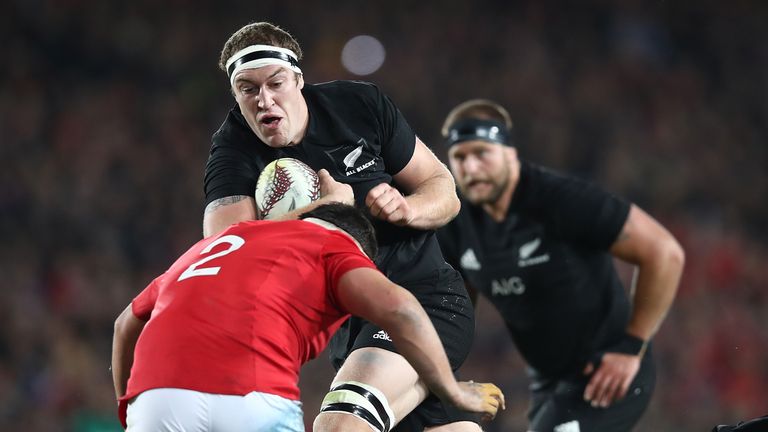 AUCKLAND, NEW ZEALAND - JUNE 24:  Brodie Retallick of the All Blacks is tackled during the Test match between the New Zealand All Blacks and the British & 