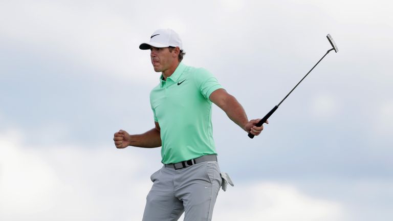 Brooks Koepka reacts after making a birdie on the eighth
